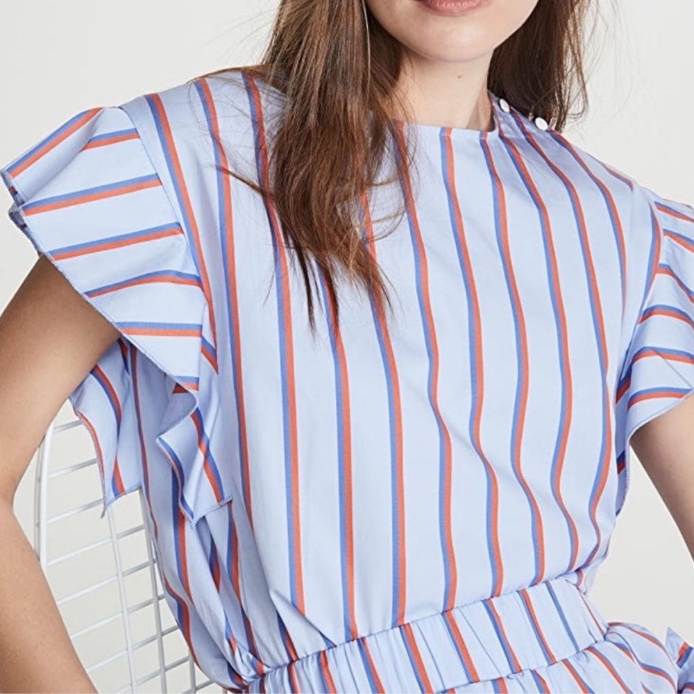 Light Blue Striped Ruffle Sleeve Blouse